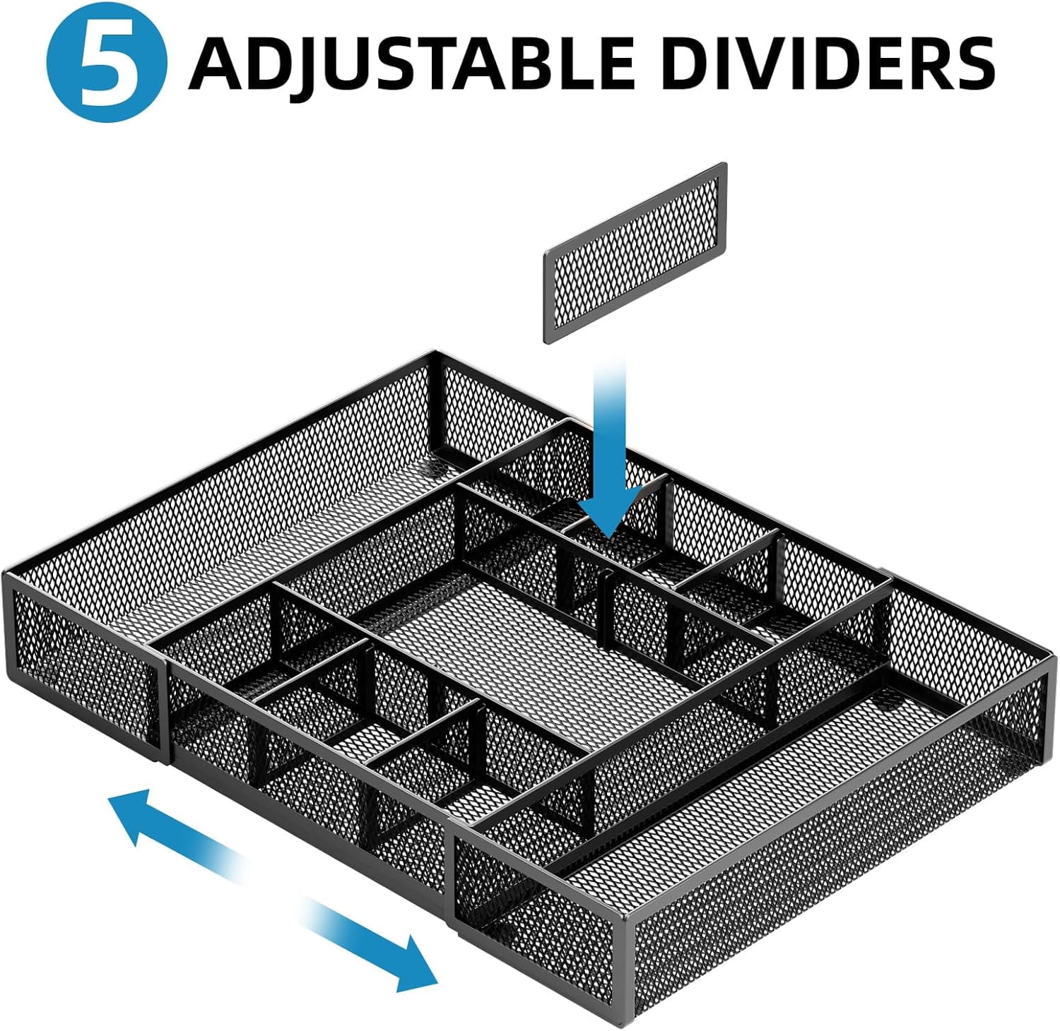 Expandable Desk Drawer Organizer, Mesh Drawer Organizer Tray with 10 Adjustable Compartments, Desk Organizers and Accessories, 5 Dividers Drawer for Office Supplies, Makeup & Vanity (Black 2 pack)