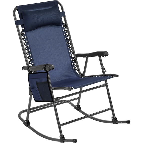 Outdoor Rocking Chair, Zero Gravity Folding Lounge Chair with Cupholder and Pillow, Patio Recliner for Lawn, Garden, and Poolside, Ergonomic Comfort for Resting, Folding Portable Seat, Navy Blue