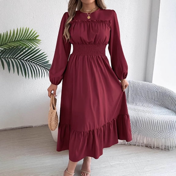 Dxzfnsa Long Dresses for Women Women's Round Neck Long Sleeve Ruffle Shirred Flowy Party Dresses Solid Color Elastic Waist Dresses