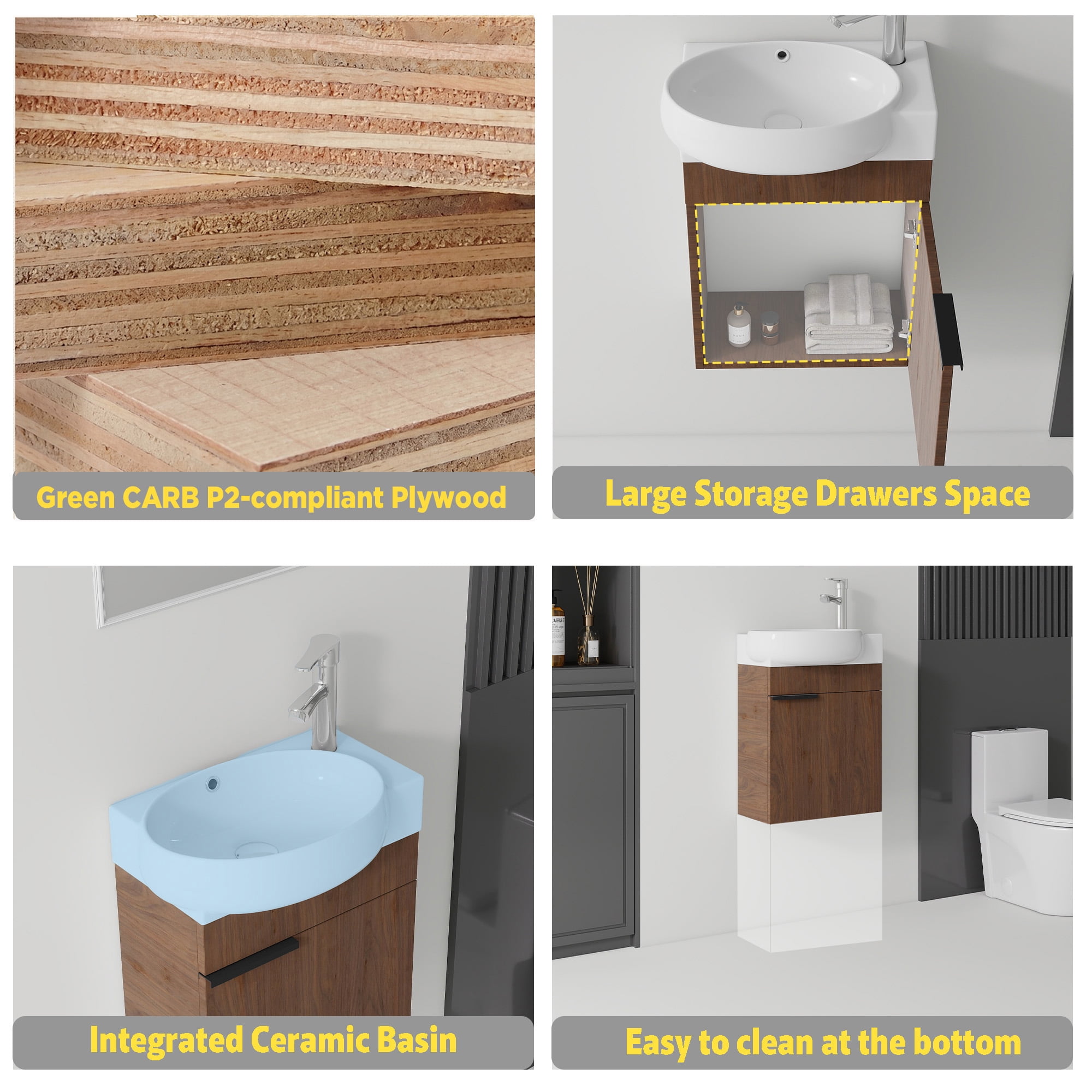 Leumius 16" Wall-Mount Bathroom Vanity Cabinet with with Ceramic Sink & Soft‑Close Doors for Small Space,Bathrooms,Brown