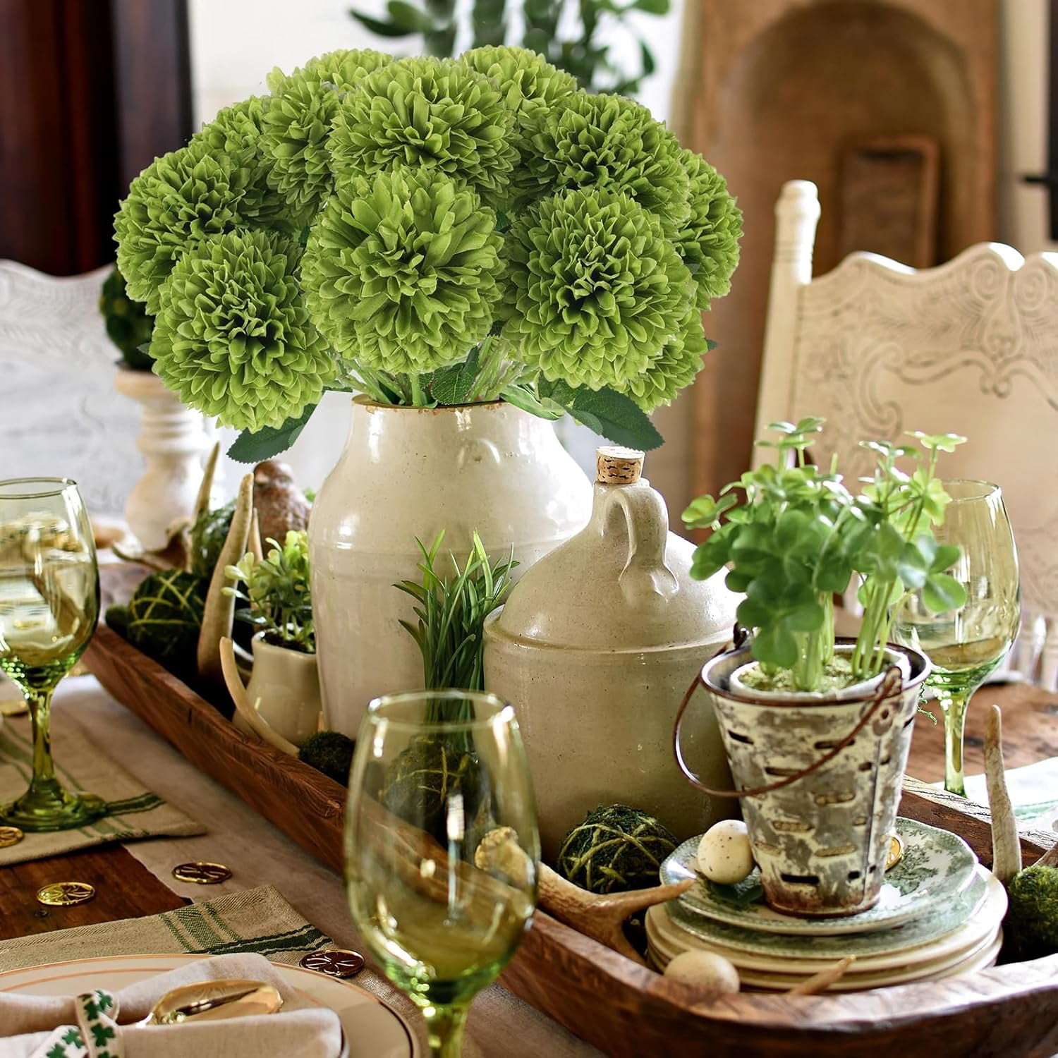 Artificial Chrysanthemums Flowers Ball Flowers, Fake Mums Flowers Green Silk Flowers for Home Decor Indoor Floral Arrangement St Patricks Day Table Centerpiece (, Green)