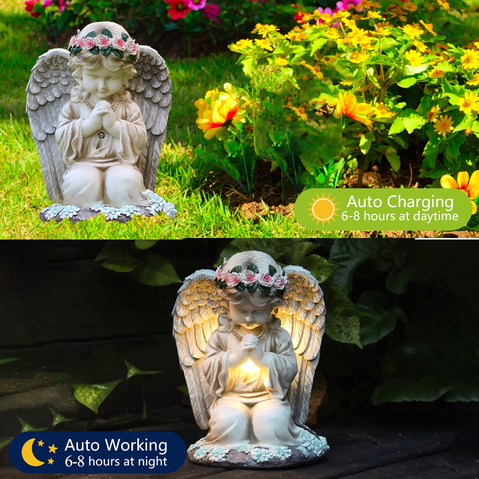 Solar Angel Garden Statue Outdoor, Resin Angel Statues Solar Figurine Lights Outdoor Waterproof, Angel Sculpture for Outside Garden Yard Patio Grave Cemetery Decor, Sympathy Memorial Gift