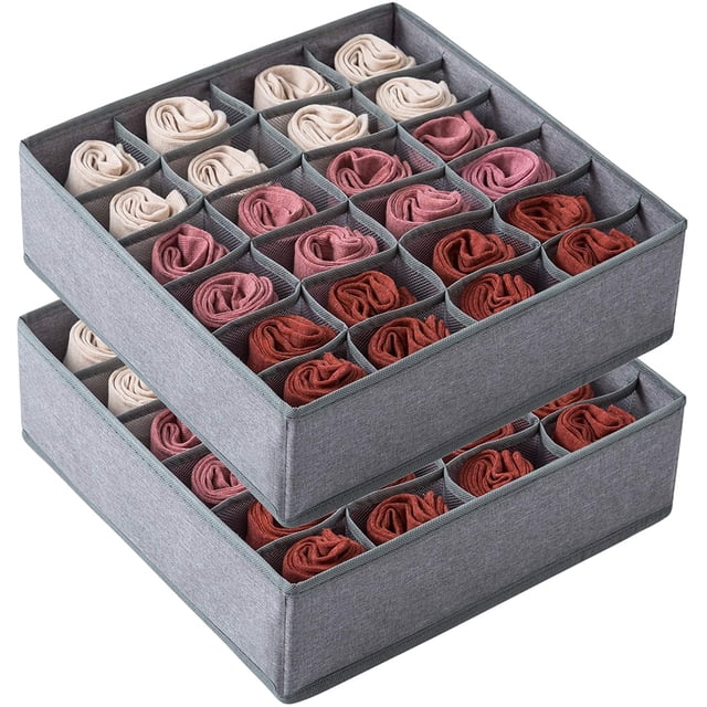 Paquete de 2 calcetines, organizador de cajones de lencería, 24 o 16 compartimentos, organizador de clóset plegable para ropa, calcetines, lencería, lencería, corbatas (24 compartimentos, gris) Zhivalor LT129-2