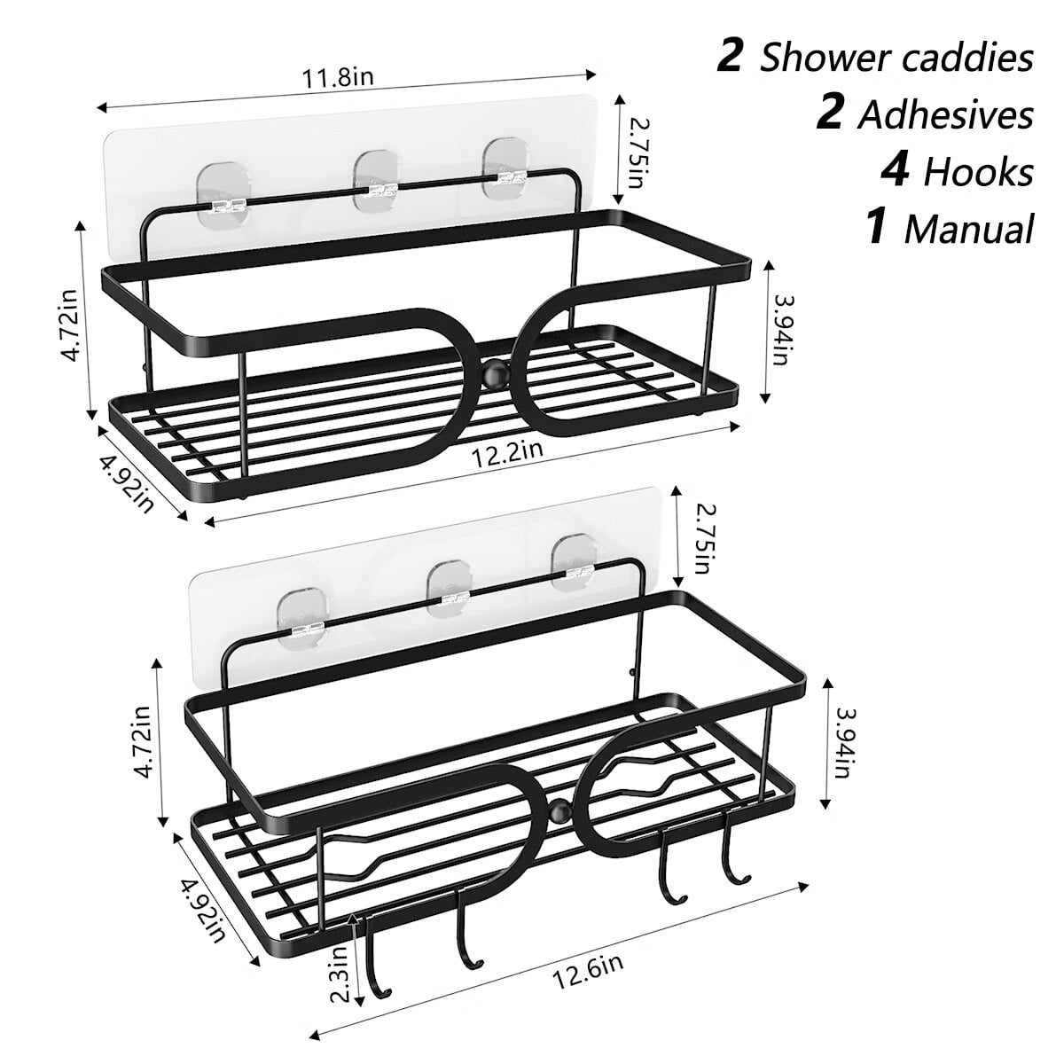 QUEEN ROSE Shower Caddy Shelves, Bathroom Shower Storage Shower Shampoo  Holder for Shower Wall with 4 Hooks 2 Pack, Silver 