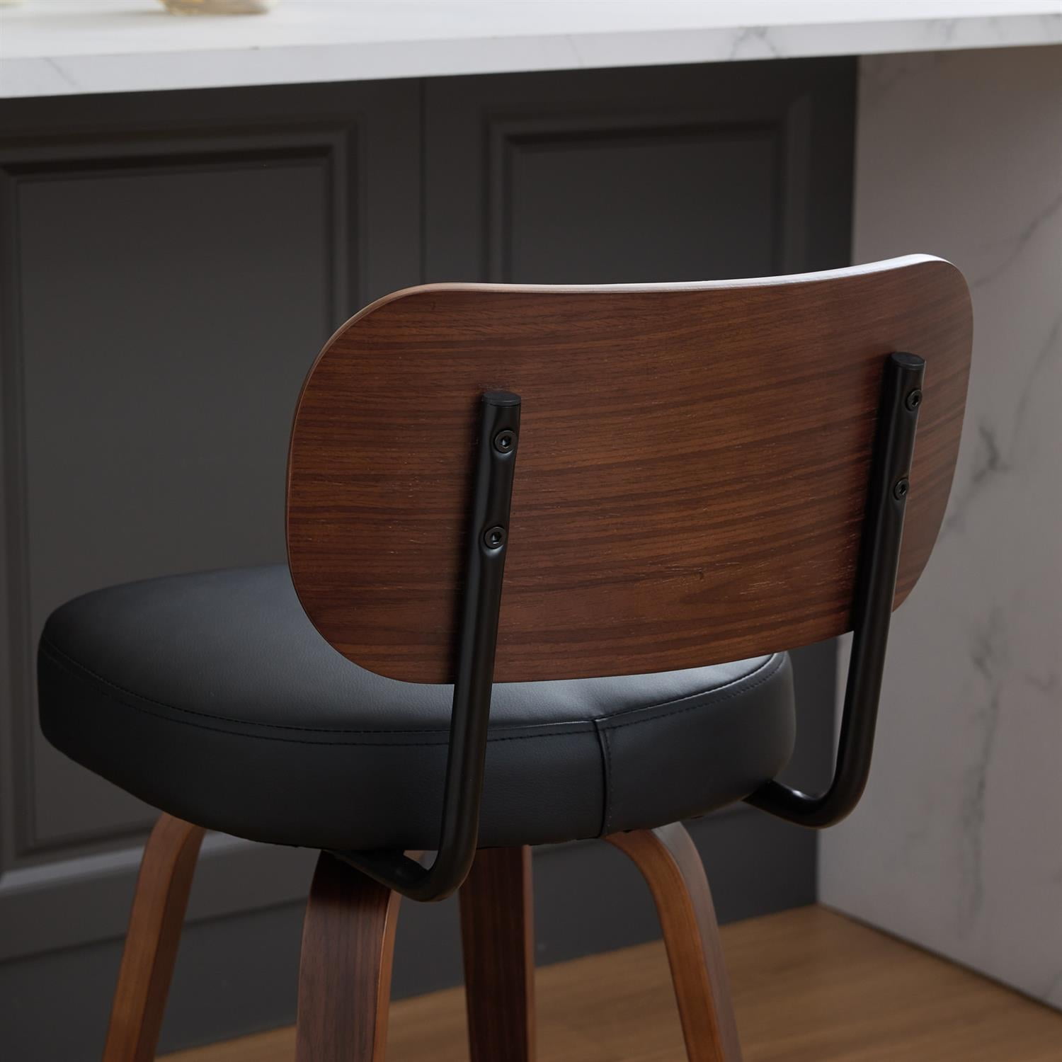 Demi Bonn 35" Swivel Bar Stools Set of 2 with Upholstered Faux Leather， Walnut Back & Bentwood Legs, Counter Height Stools for Kitchen or Bar Seating, Black