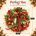 thumbnail image 2 of 24 Inch Lighted Christmas Wreath with Red Berries, Pine Cones, Gold Stars and Red Green Ribbon, Battery Operated Holiday Front Door Decor, 2 of 9