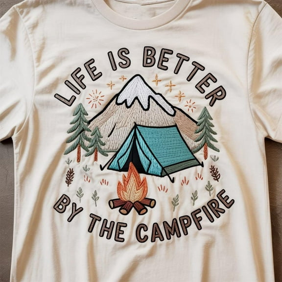 Life Is Better By The Campfire Embroidered with Mountain and Tent Design Shirt, Sweatshirt or Hoodies