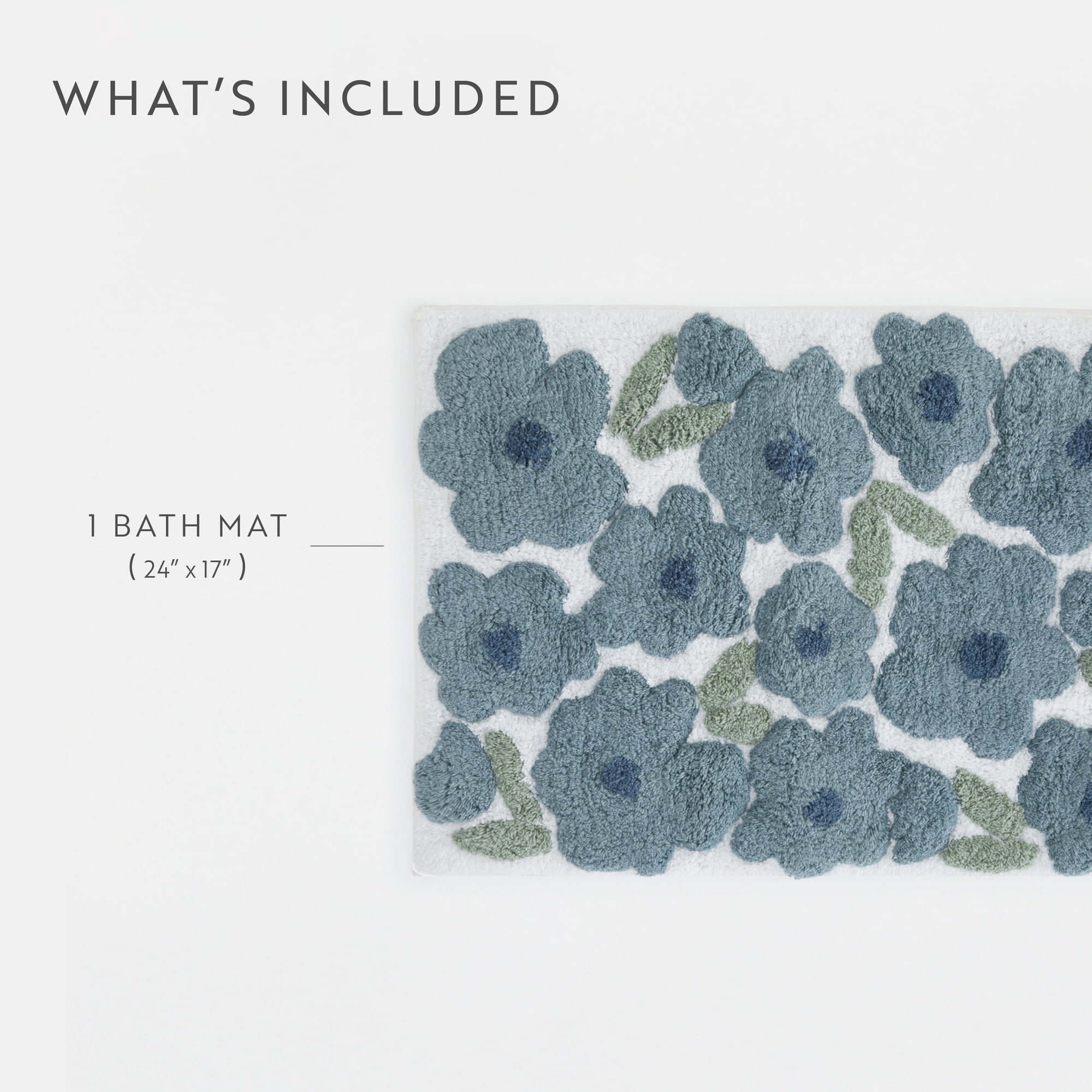 Noble Linens Floral Pattern Cotton Bath Mat, 24 in x 17 in, Blossoms Light Blue
