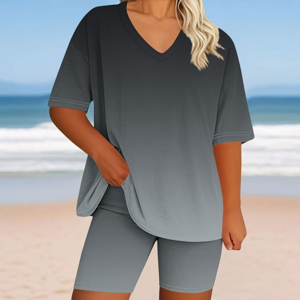 mfyjkho Pantalones Cortos De Gimnasio Para Mujer, Conjunto De Top Y Pantalón De Manga Corta Con Cuello En V Y Estampado De Verano Para Mujer Pantalones Cortos Deportivos Para Mujer Xxxxxl