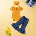 thumbnail image 2 of Bearichfupo Newborn Infant Baby Girls Ruffle Sleeveless Solid Ribbed Romper Tops Cute Bell Bottomed Denim Pants With Headbands 3PCS Set Outfits,Girls' Pant Sets Sizes 3-6 Months, 2 of 6