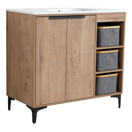 36 in. Single Vanity in Natural Finish with Solid Surface Resin White Sink