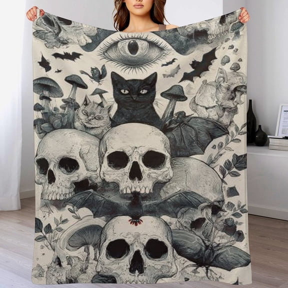 RKSupls Halloween Throw Blanket,Soft Flannel Skull Cat Bat Blanket, Fuzzy Warm Cozy Winter Blanket for Couch Bed Home Decor,60x80 in