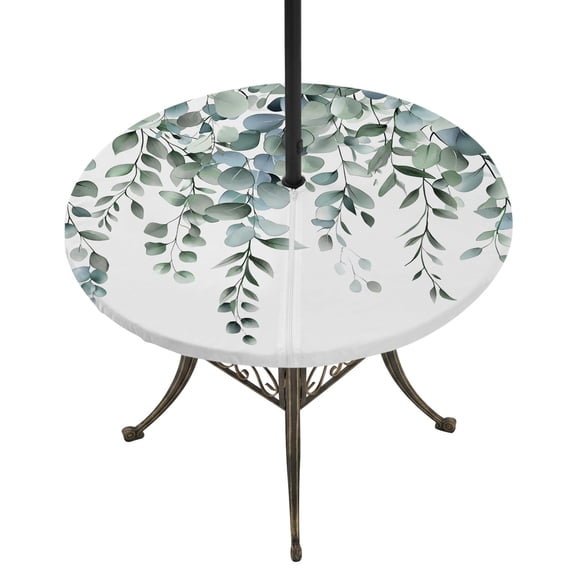 Spring Green Eucalyptus Leaves Round Outdoor Tablecloth with Umbrella Hole Zipper, Summer Rustic Botanical Elastic Fitted Table Cover, Waterproof Table Cloth for Patio Picnic Party Fits 54"-60"
