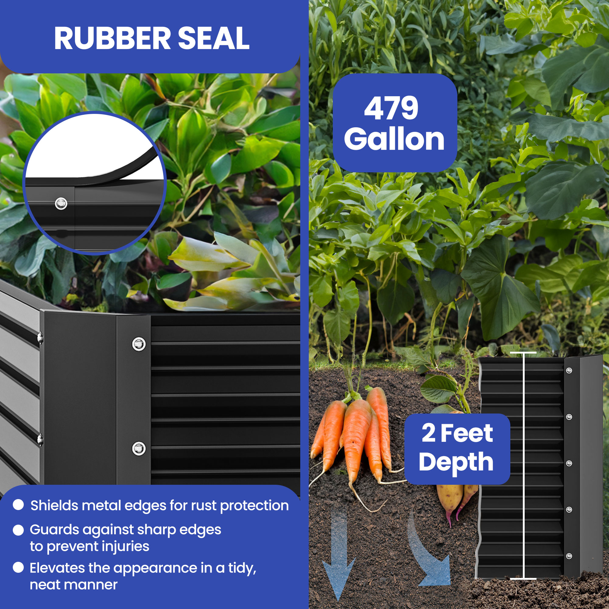 Wooflex Raised Garden Bed 8x4x2 ft with Reinforcement Bars, Corrugated Safety-Wrapped Edge, Dark Gray