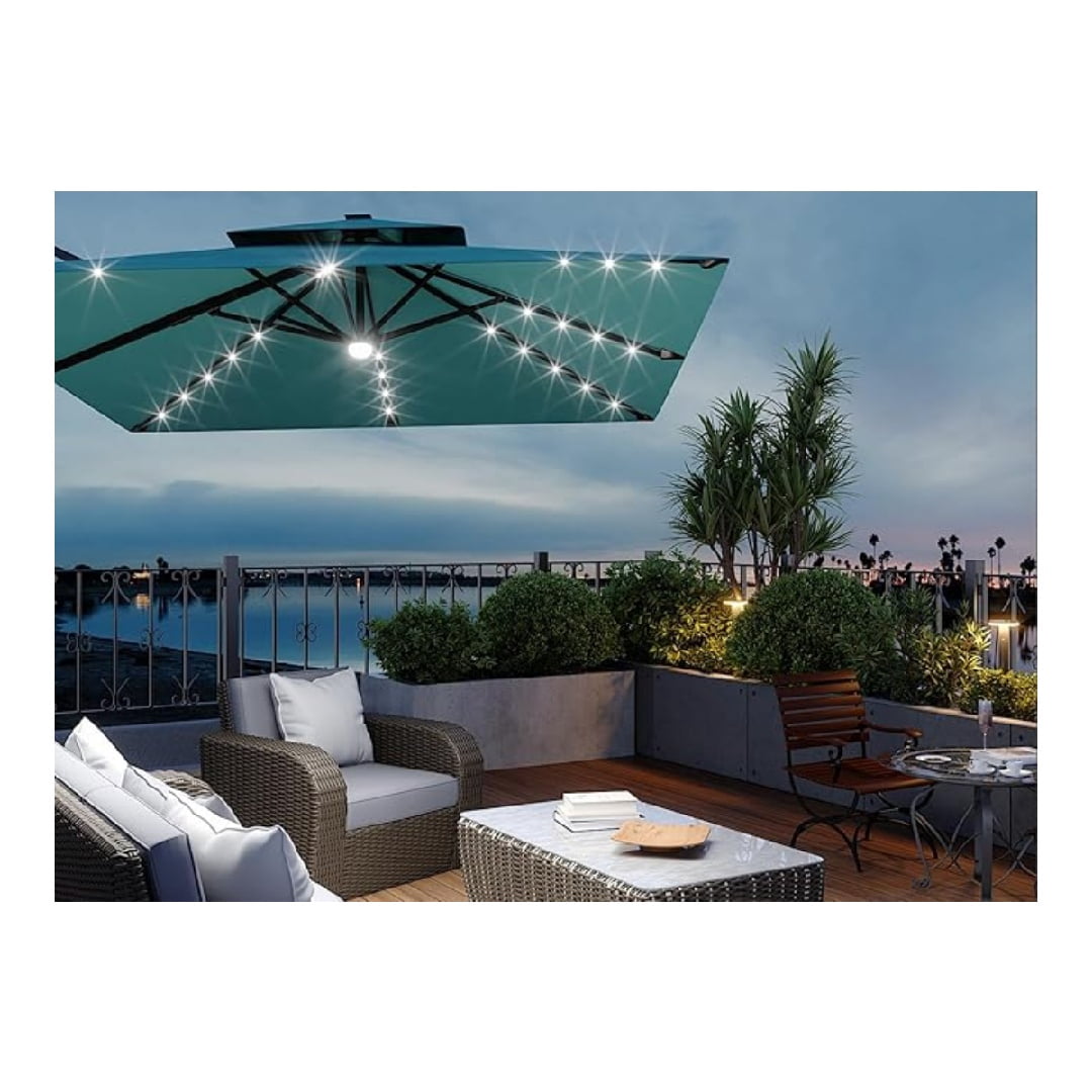 10' x 10' Heavy Duty Cantilever Patio Umbrella with LED Lights & Weighted Base, Square Aluminum Offset Umbrella 360-Degree Rotation for Outdoor Decor, Backyard, Deck, Pool