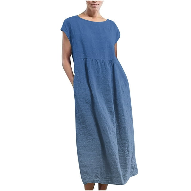 Yuyuzo Robes Décontractées pour Femmes Manches Cap Coton Lin Robe Maxi Col Ras du Cou Couleur Dégradée Longue Robe avec Poches