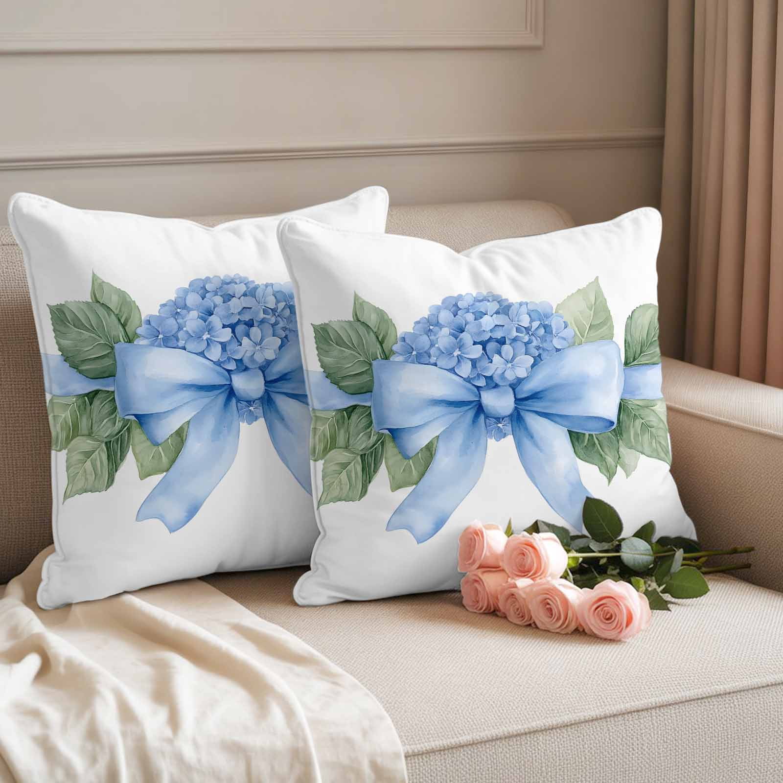 Hydrangea Spring Outdoor Waterproof Pillow Covers, Idyllic Flower Floral Bow Plant Leaf Decorative Square Throw Pillowcase Sofa Cushion Sham for Patio/Couch/Chair, 24"x24" 2 Pack