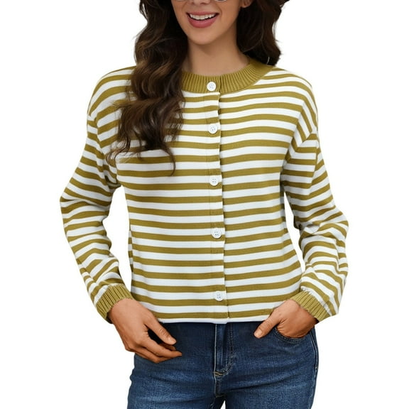 Arlun Striped Cardigan Sweaters for Women Trendy Lightweight Button up Knitting Sweater Coats Long Sleeve Loose Soft Comfort Outerwear Fall Winter Thin Clothes Yellow One Size