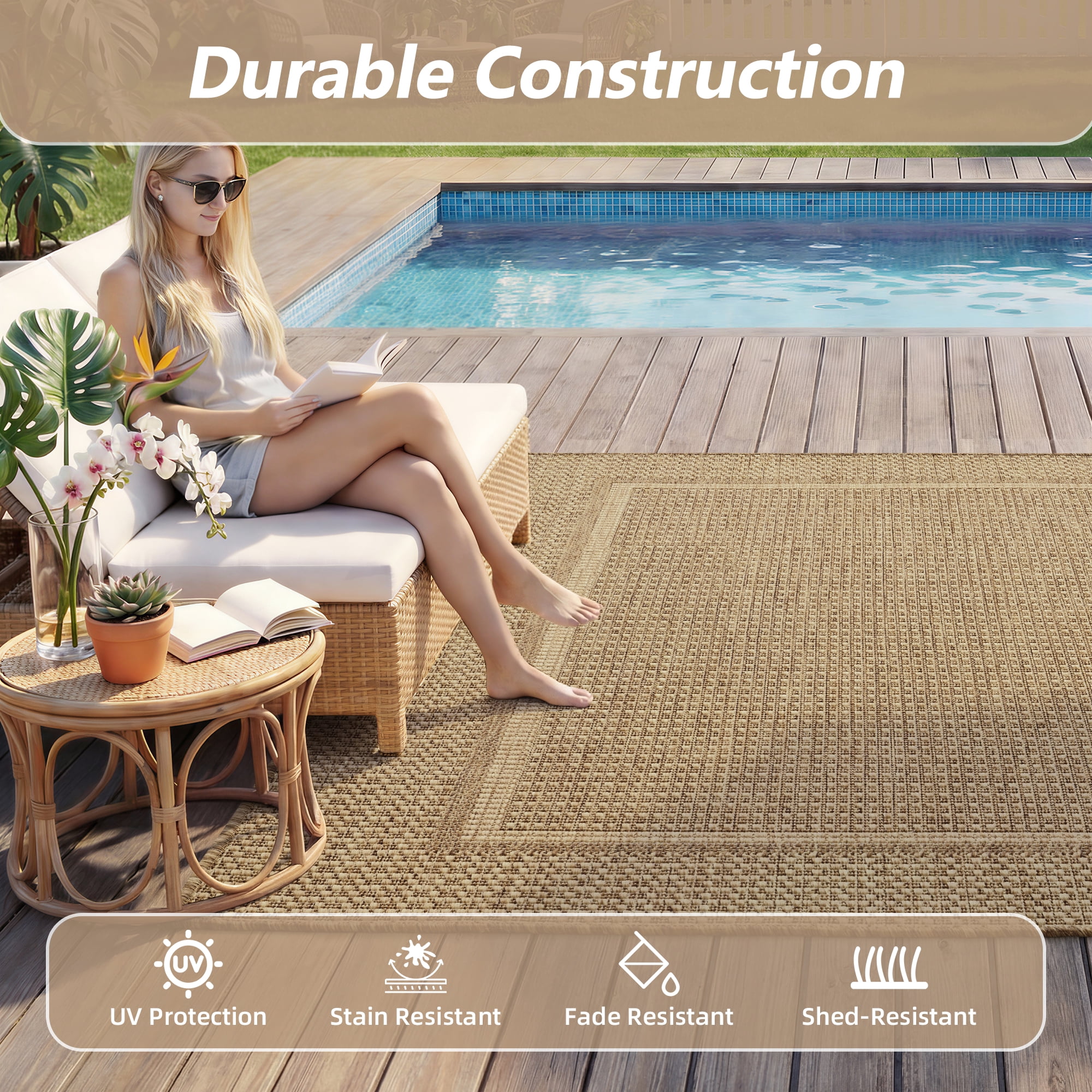 SIXHOME Outdoor Rugs 4'x6' Patio Rug Modern Bordered Indoor Outdoor Rugs Polypropylene Washable Non Shedding, Easy Clean, Waterproof, Durable Outdoor Carpet for Porch Balcony Deck Neutral Brown