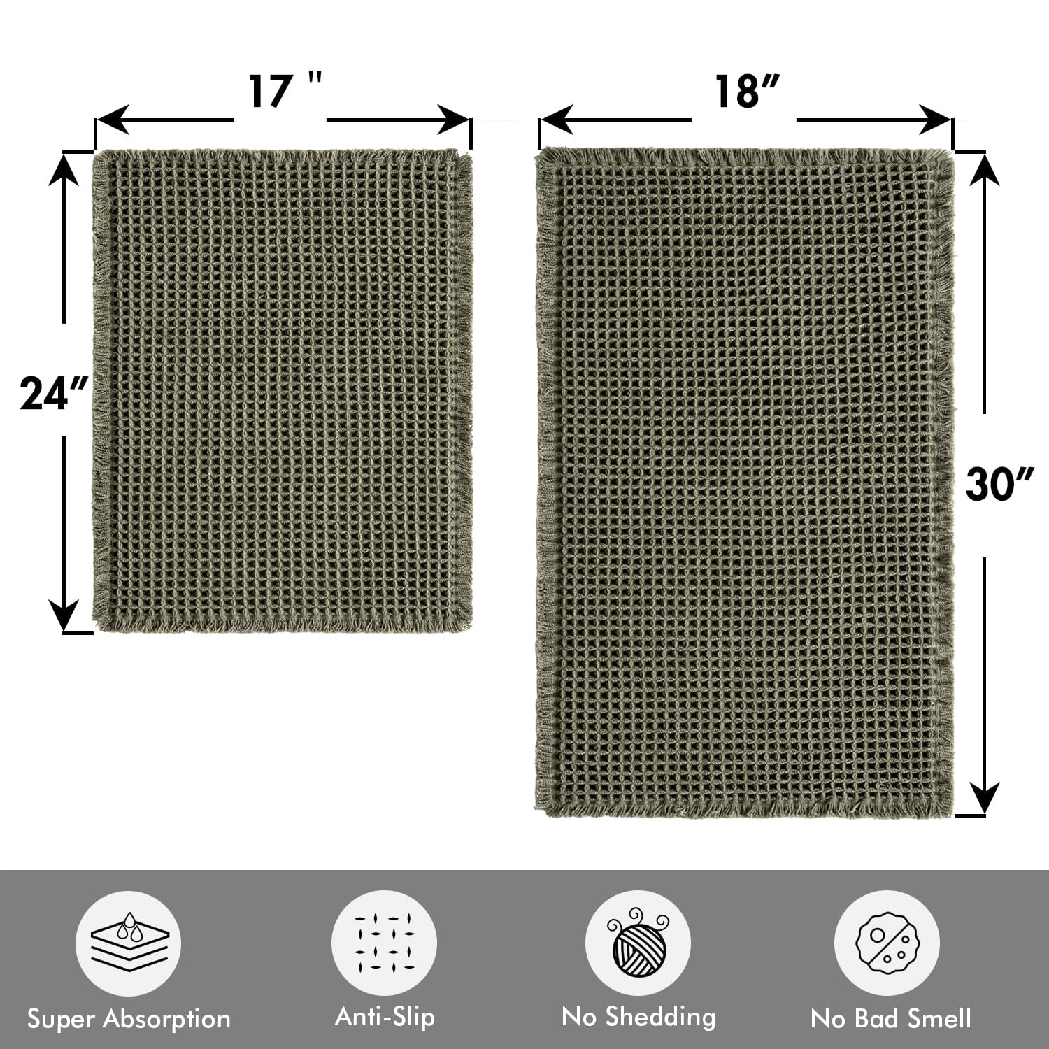 Set of 2 Waffle Bathroom Rugs, Boho Bath Rugs Non Slip Washable, Super Absorbent Bath Mats, Ultra Soft Rubber Backed Shower Mats for Bathroom Floor, Tub and Shower, Brown, 18x30 Inch