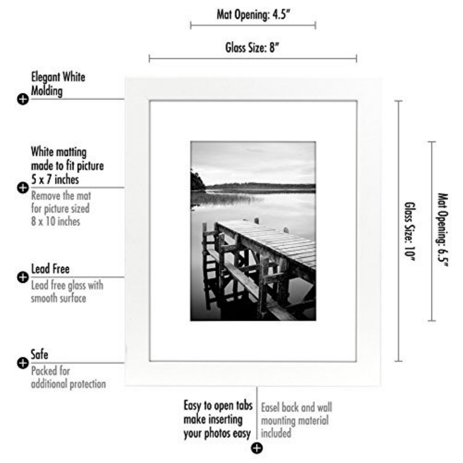 Americanflat 8x10 Picture Frame with Mat for 5x7, MDF wood and shatter-resistant glass, White