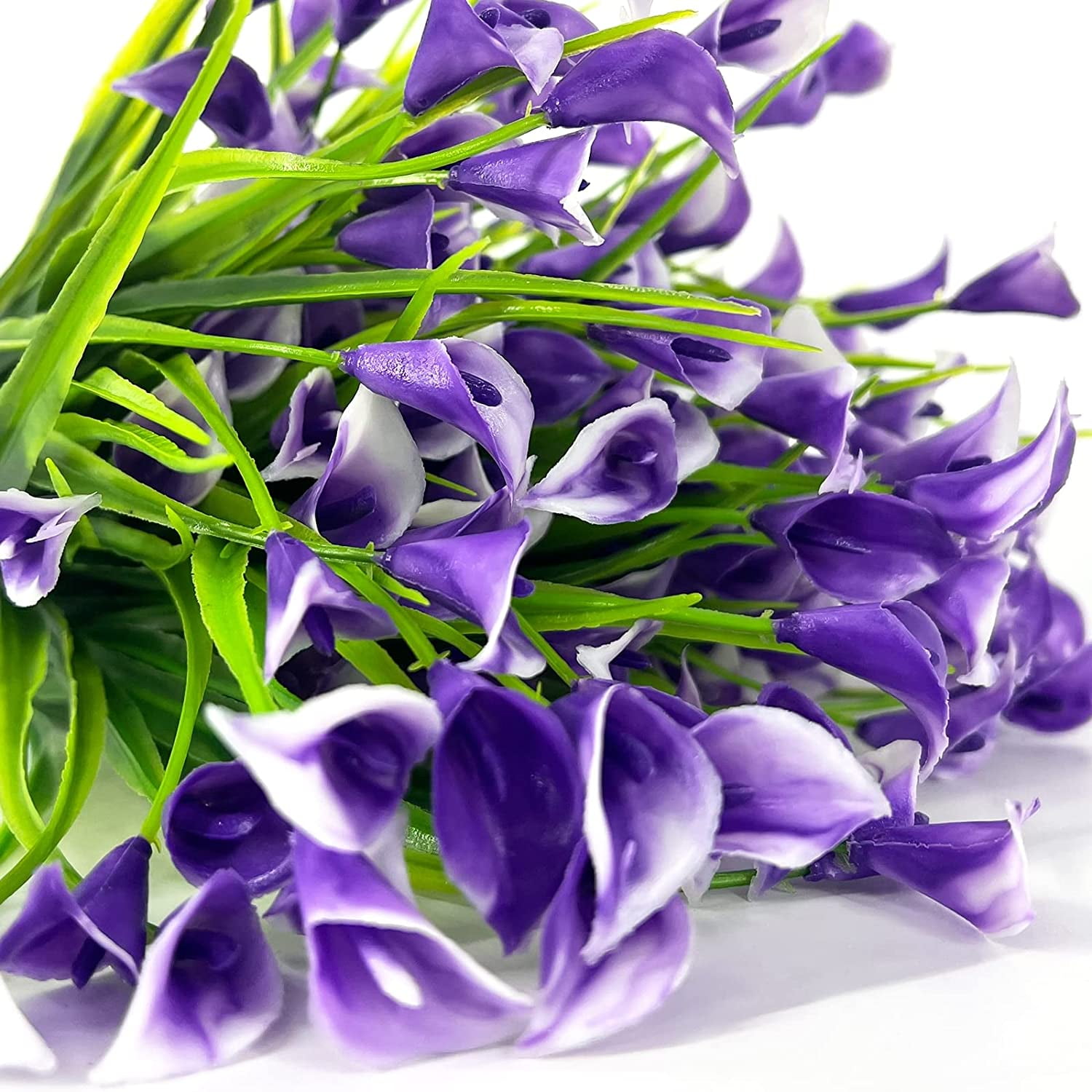 Calla Lily (3Heads) Artificial Flowers for Outdoors, UV Resistant Faux Fake Plants Plastic Flowers Indoor Outside Planter Home Porch Summer Cemetery Decor(Purple)