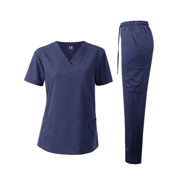 Dagacci Medical Uniform V-Neck 4-Way Stretch Scrub Set, Navy, L (Unisex)