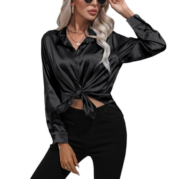 SWSMCLT Women's Long Sleeve Button Down Shirts Soft Transformer Smooth Blouses Summer Fall Work Fashion Boyfriend Black X-Large