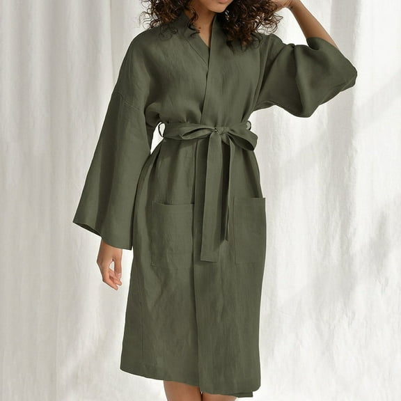 Yidarton Pajamas for women 2022 Autumn European And American Nightgown Cardigan Loose Cotton Linen Long Sleeve Sweat Steaming Clothes Home Pajamas Women's Fashion Green L