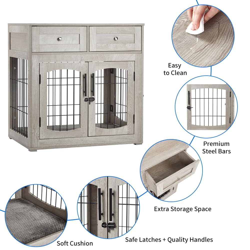 Dog Crate Furniture Heavy Duty 31.5/40 Inch Wooden Indoor Multi-Functional Dog Kennel End Table with 2 Storage Drawers 3 Doors for Small Medium Large Dog