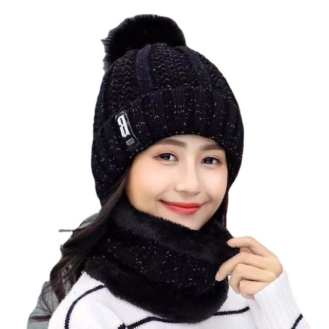 Gorro de invierno para mujer, gorro, bufanda, forrado, tejido, cálido, esquí, nieve, gorro con pompón, negro JAMW Sencillez