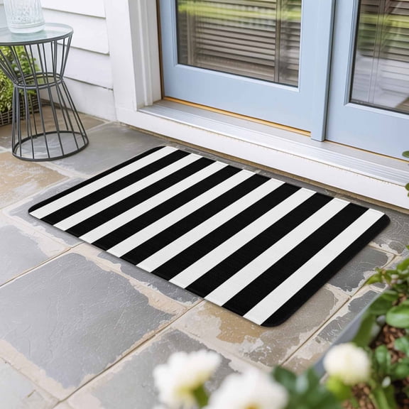 Black Striped Door Mat Indoor Outdoor, Modern Farmhouse Black White Stripes Non Slip Welcome Mat with Rubber Backing, Absorbent Fabric Front Door Mats Entryway Rug for Home Patio Entrance 16"x24"