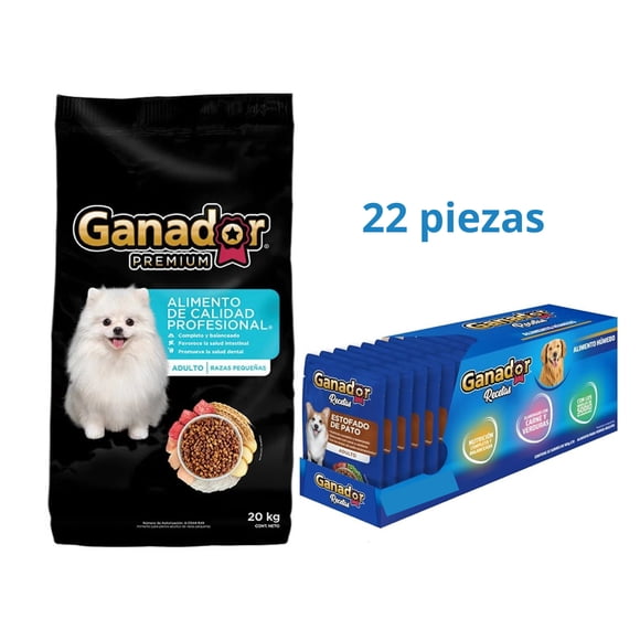 Ganador Premium Adulto Pequeña 20kg + Sobres Estofado Pato 22 Pza