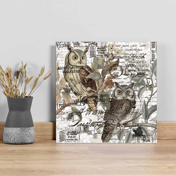 Country Owl Wall Art Painting on Canvas, Farmhouse Sping Floral Botanical Postmark Canvas Art Home Prints Wall Art Framed Modern Artwork for Living Room Bedroom Wall Decor 8x8in