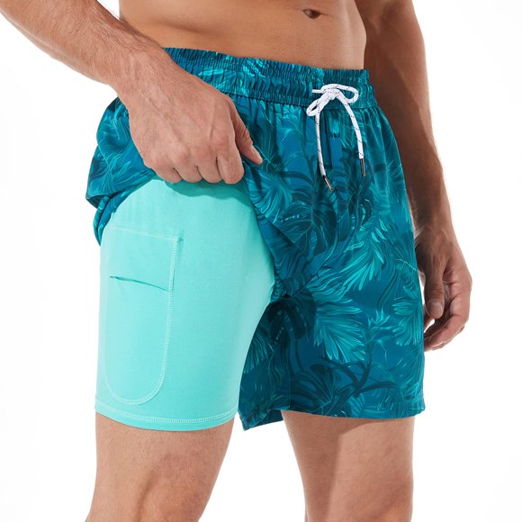 BRISIRA Bañador para hombre de secado rápido, pantalones cortos de playa de agua elásticos con entrepierna de 5 pulgadas con forro de compresión y bolsillo con cremallera