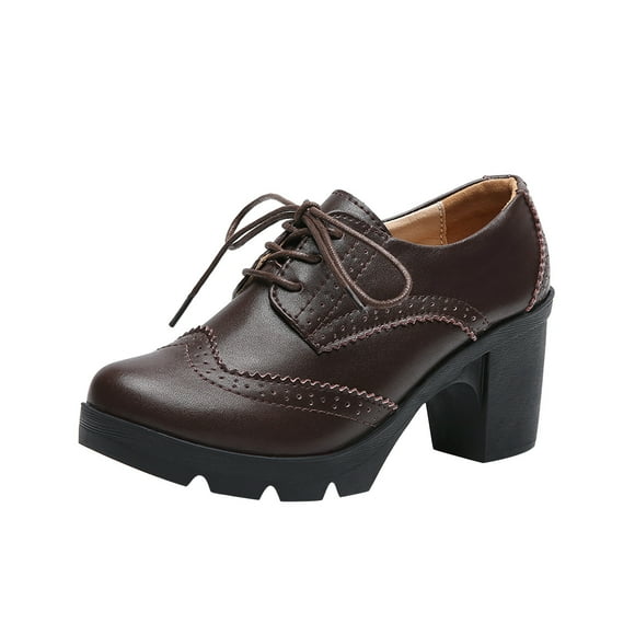 Ladys Oxford Shoes British Style Chunky Heel Platform Hollow Out Wingtips Toe Lace Up Solid Color Fashion Retro Classic Leather Brogues Shoes Brown