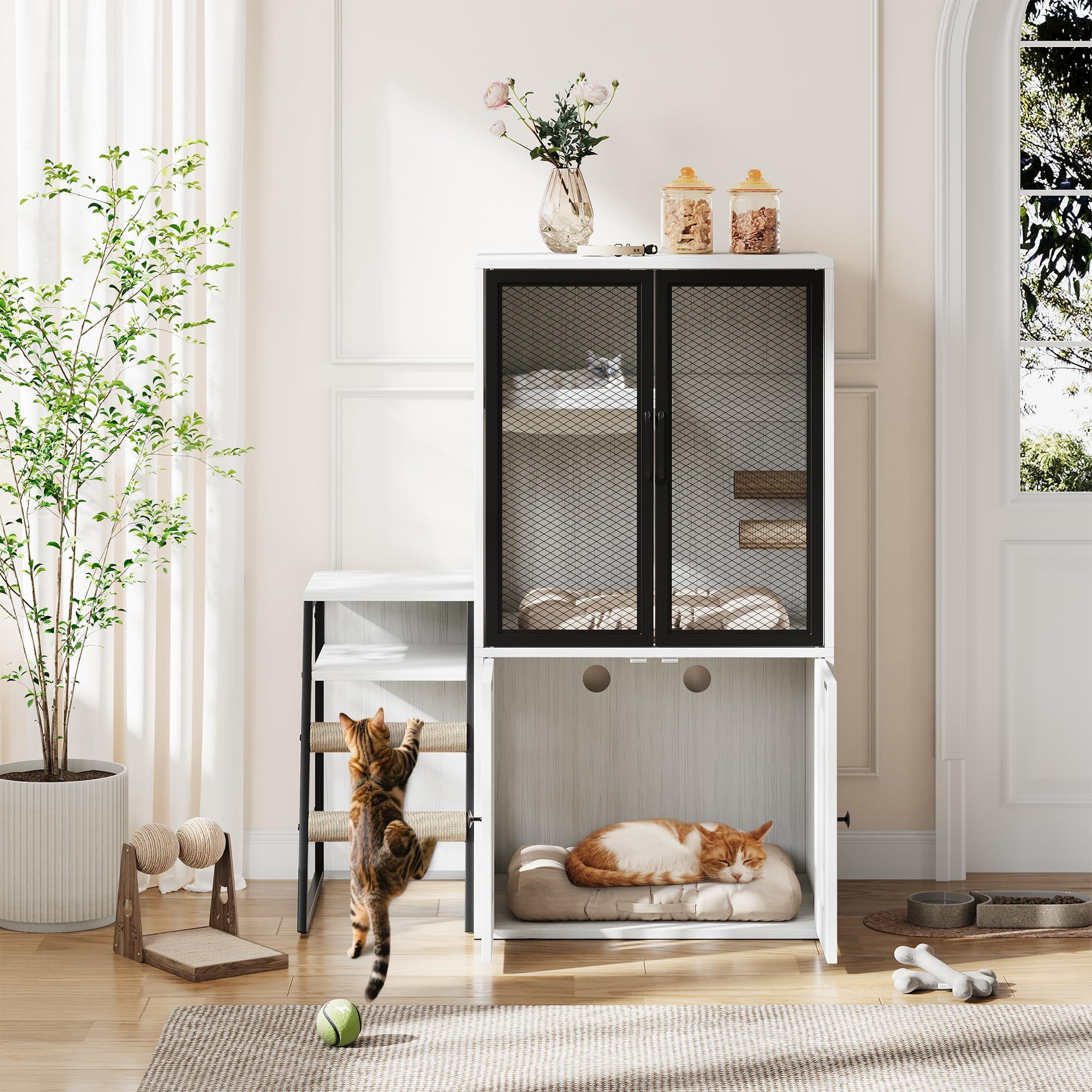 Huisuilinss Cat Litter Box Enclosure With Platform,Double Layer Hidden Litter Box Furniture With Doors,Indoor Cat House With Ladder,Litter Box Cabinet With Storage Space,Cat Washroom