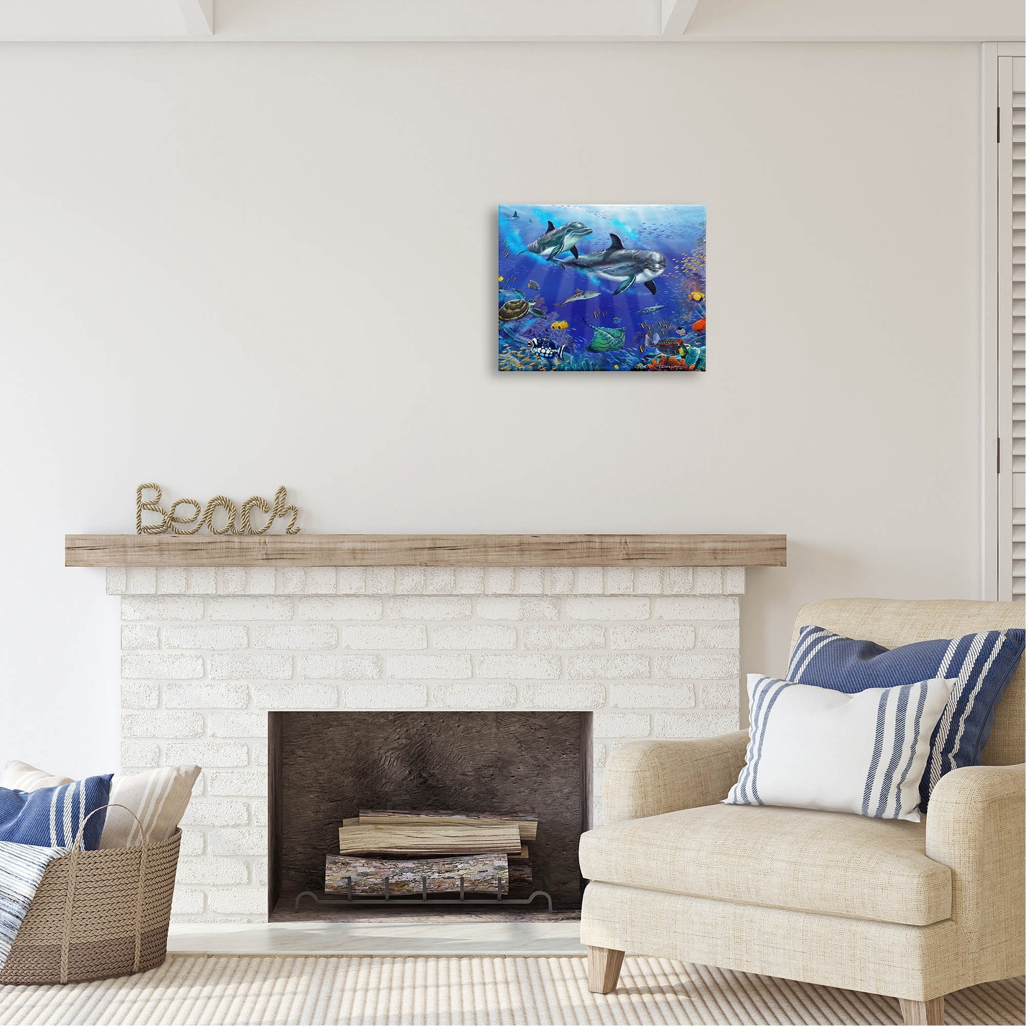 Stupell Industries Underwater Sea Life Scene Dolphins Coastal Painting Gallery Wrapped Canvas Print Wall Art