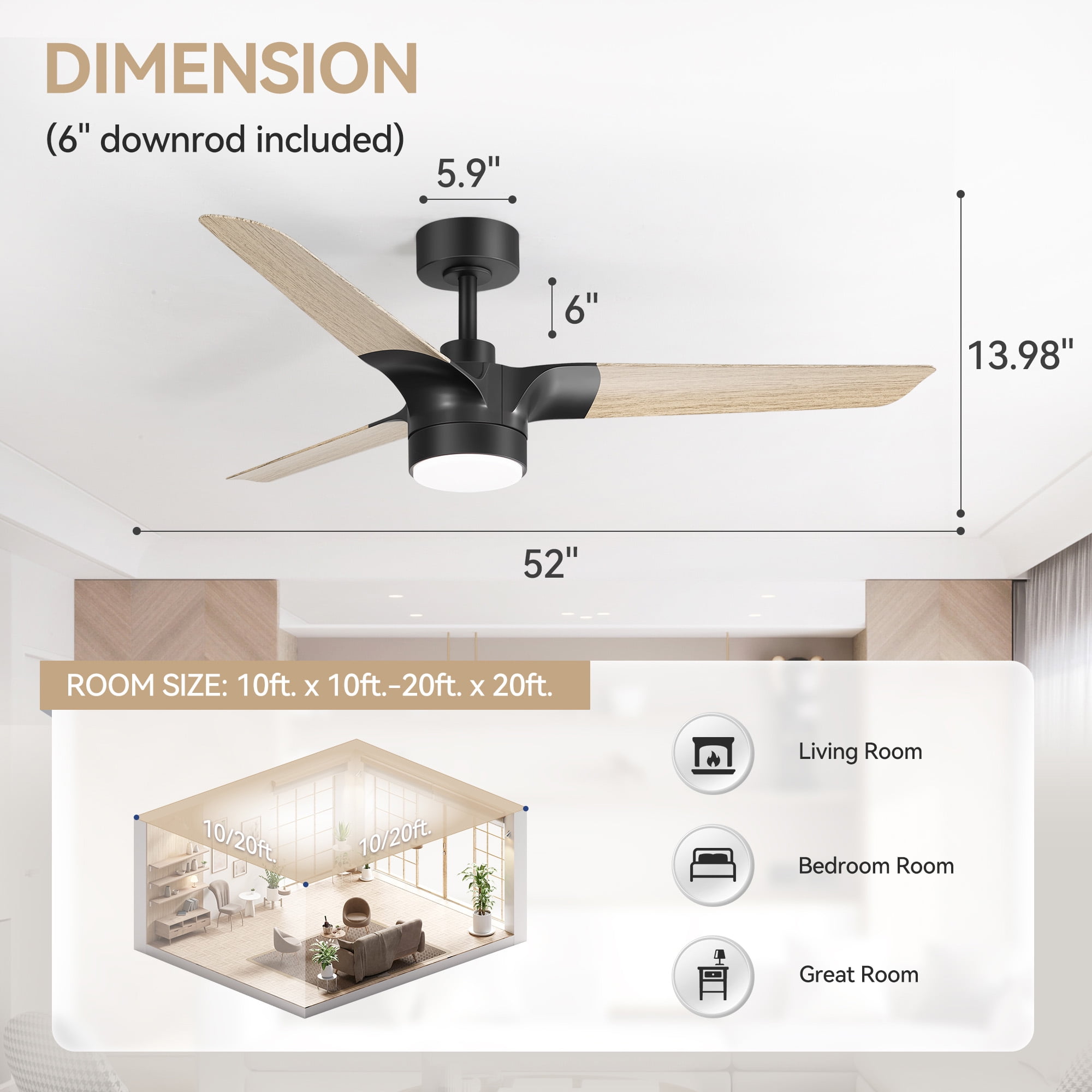 ALKAFY 52 inch Modern Ceiling Fan - 3-Blade Black/Wood Grain Fan Blades, DC Motor, LED Light & Remote