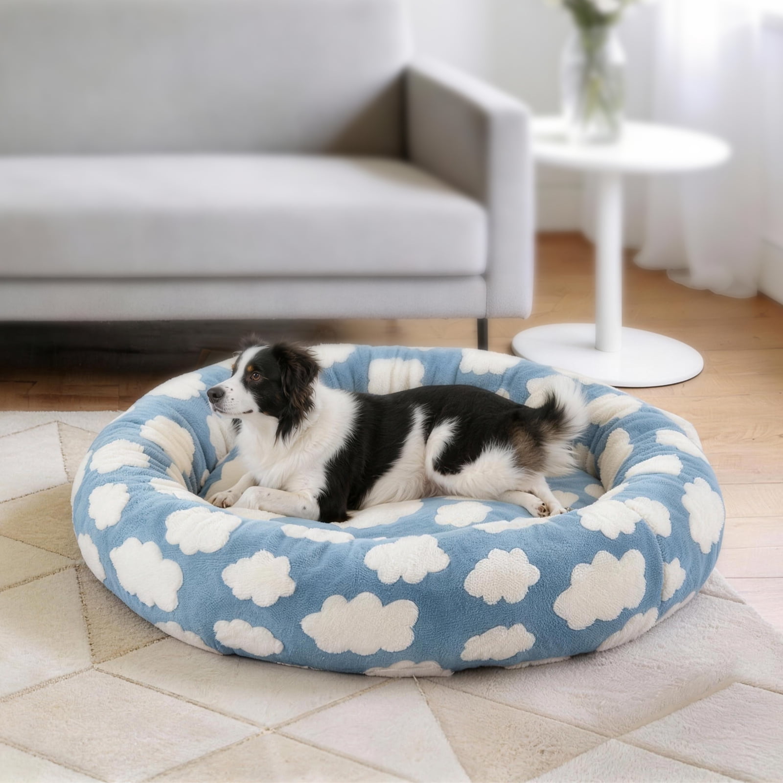 Donut Dog Bed Medium, Calming Round Pet Bed for Dogs and Cats, Washable Jacquard Plush Cover with Non-Slip Bottom, Indoor Cat Bed, Blue, 36"x36"x10"