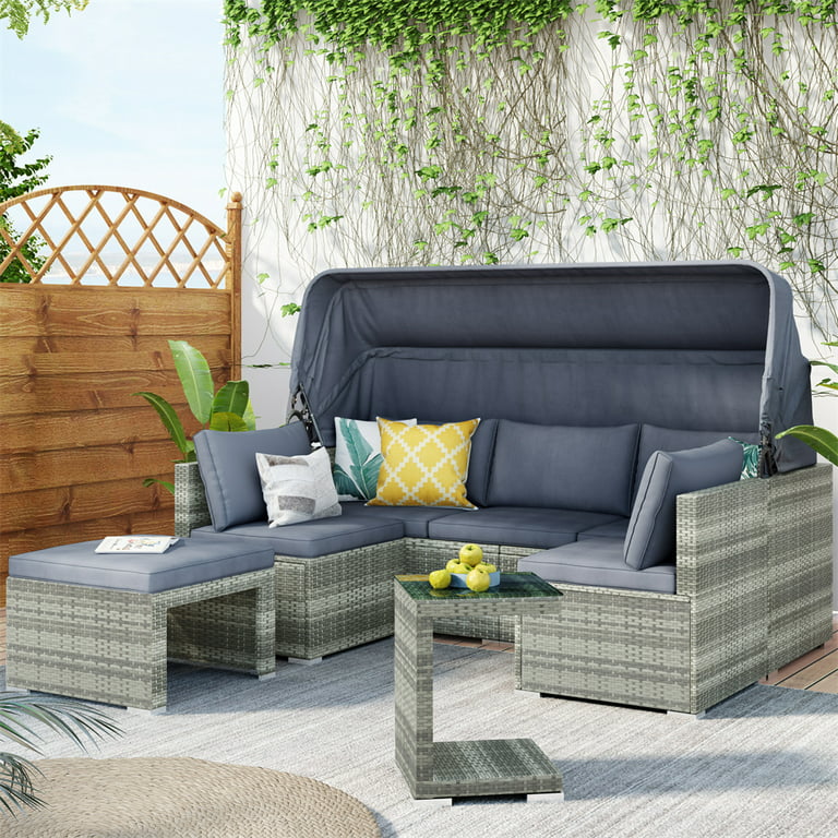 5 Piece Outdoor Sectional Sofa Set Patio Rattan Daybed with Retractable  Canopy, UV-Proof Resin Wicker Patio Sofa Set with Cushions, Pillows, and  Glass Side Table, Gray