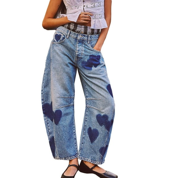 Women High Waist Heart Print Wide Leg Denim Jeans Casual Straight Loose Fit Streetwear Pants Blue L