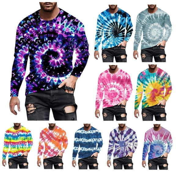 DDAPJ pyju Tie Dye Printed T-shirts for Men Novelty Graphic Tees Big and Tall Casual Hipster Tee Tops Slim Fit Long Sleeve Crewneck Pullover Back to College Sale Pink XXL