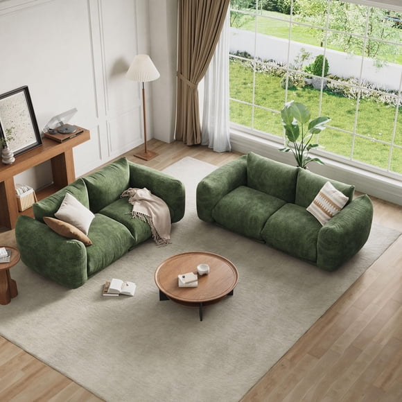 Modern Chenille Modular Sectional Sofa Set – Deep Seat Cloud Boneless Couch, 2 Loveseats, U-Shape, Ideal for Living Room or Small Spaces – Green, Two-Seater Variant