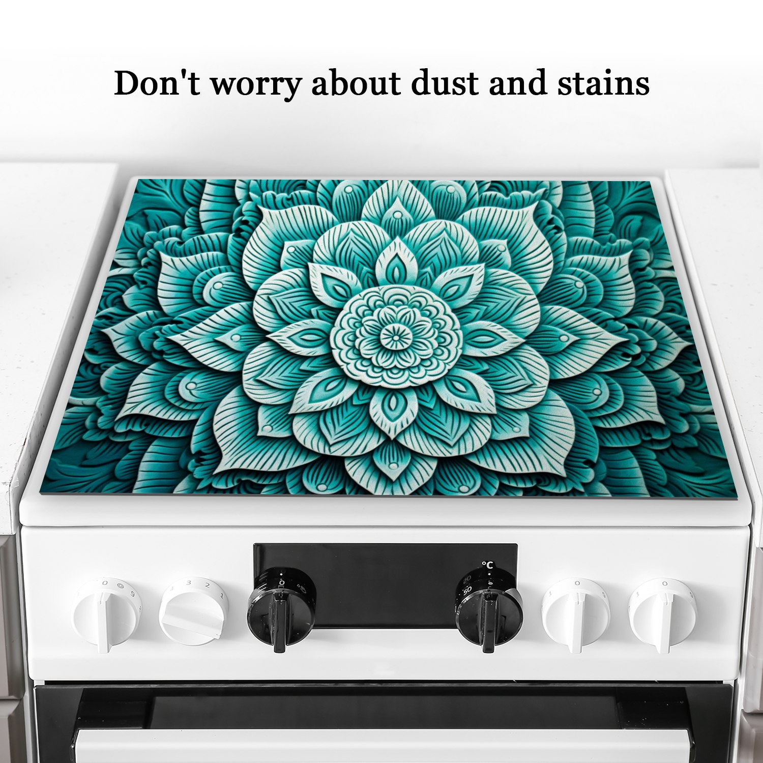 Square Stove Top Covers, Abstract Teal Flower Mandala Non-slip Heat Resistant Glass Induction Cooktop Protector Mat, Foldable Durable Pad for Kitchen RV (28×20 Inch)