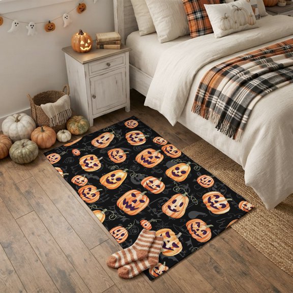 2x3ft Rectangle Rug,Halloween Pumpkin Ghost on Black Washable Area Rugs Non-Slip Accent Rug Vintage Soft Circle Carpet for Living Room Bedroom Home Office Decor