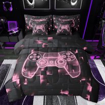 jejeloiu Gamer Gaming 7pcs Bedding Comforter Set,Modern Video Game Queen Bedding Sets,Neon Pink Console Queen Sheet Sets For Boys,Microfiber Bedroom Decor Reversible
