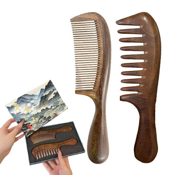 Walnut Wood Hair Comb Wide Tooth Detangling Styling Tool for Curly Hair Natural Wooden Comb with Smooth Handle Two Pack