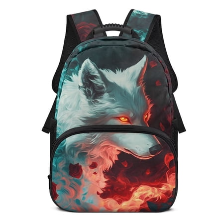 Uorisanigo Fire Wolf School Backpack for Boys Girls 6-12 Wolf Casual Sport Daypack Bag, Large Capacity Casual Basic Bookbag with Adjustable Padded Straps for School, Travel & Sports