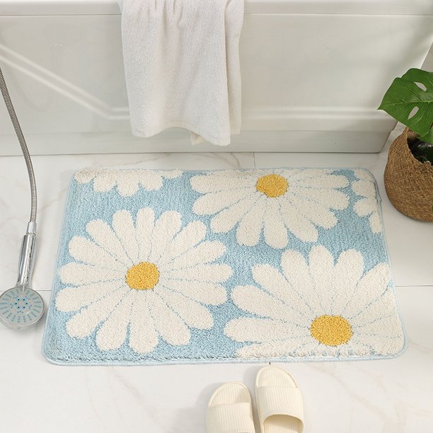 Una alfombra de baño cuadrada de margaritas azules, hermosa alfombra de baño de margaritas, alfombra de baño lavable antideslizante, alfombra de baño absorbente de flores blancas y amarillas Rojo Verde
